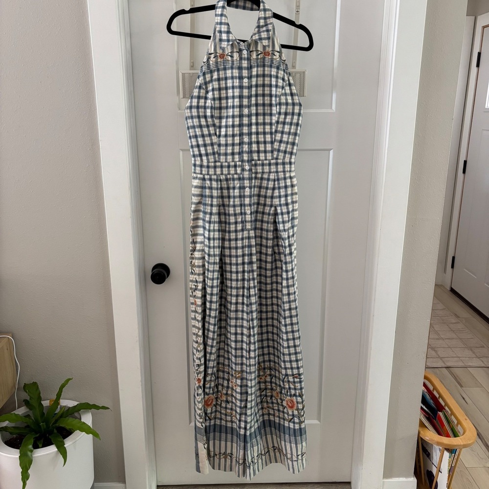 Anthropologie Printed Picnic‎ Jumpsuit Halter Embroidered Wide Leg Boho 2 Tall